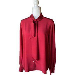 Vintage Bleyle Red Tie-Neck Blouse | Button Front | Long Sleeve